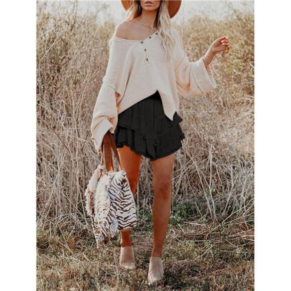 Flowy Shorts for Women Casual Boho Ruffle Tiered Skorts High Waist Mini Skirts - Picture 4 of 6